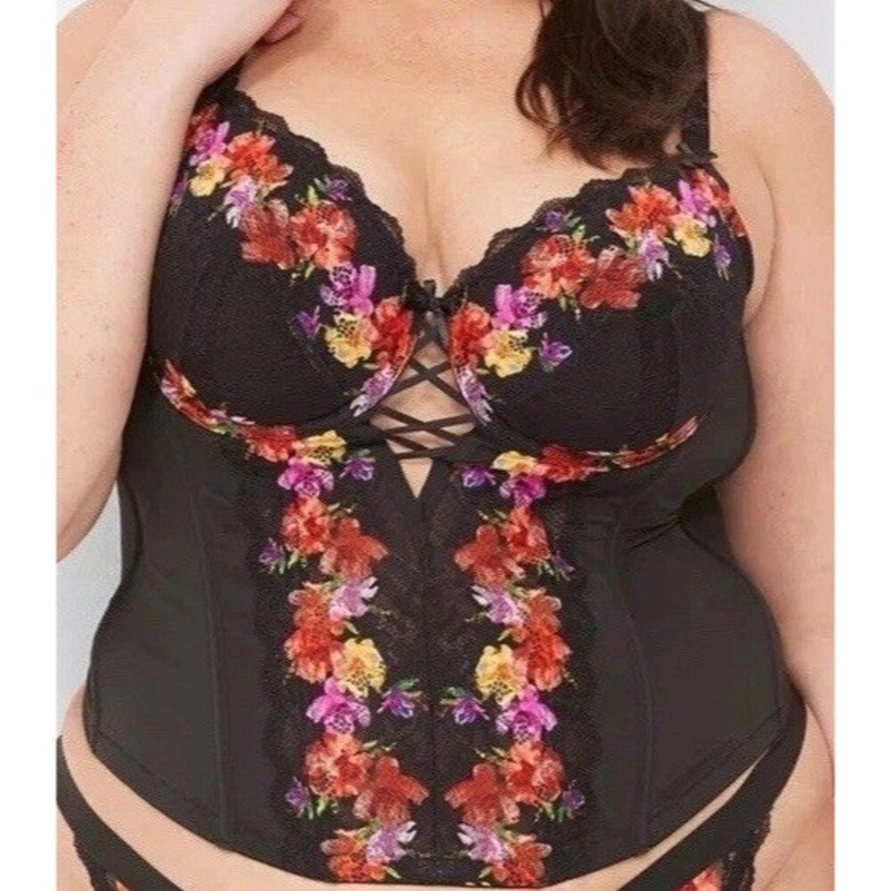 Cacique Digital Print Lace Lightly Lined Corset Black Floral Size 44DD NWT